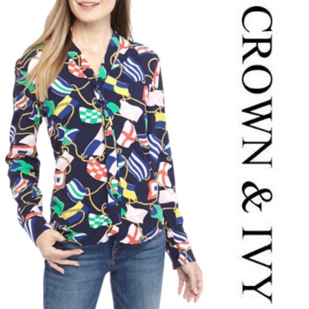 Crown & Ivy Navy Blue Flags Nautical Long Sleeve Top Women XL